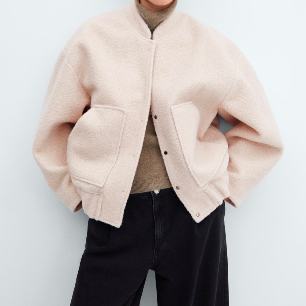 Cream Bomber Jacket with Cropped Fit and Textured Fabric